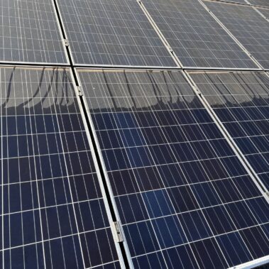 Photovoltaikmodule mit deutlich sichtbarem Unterschied zwischen verschmutzter und gereinigter Oberfläche.