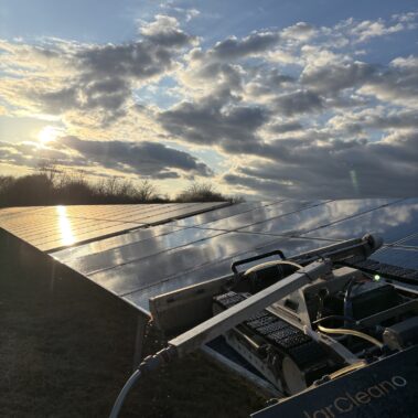 SolarCleano Reinigungsroboter im Einsatz auf einer Photovoltaikanlage bei tief stehender Sonne.