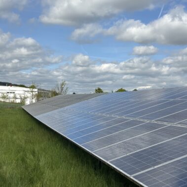 Verschmutzte Solarmodule einer Photovoltaik-Freiflächenanlage unter blauem Himmel.